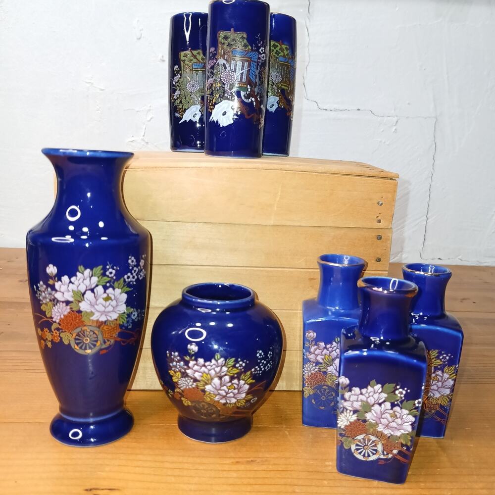 Lot Of 8 Vintage Cobalt Blue Japanese Floral Wheelbarrow Small Vases #25